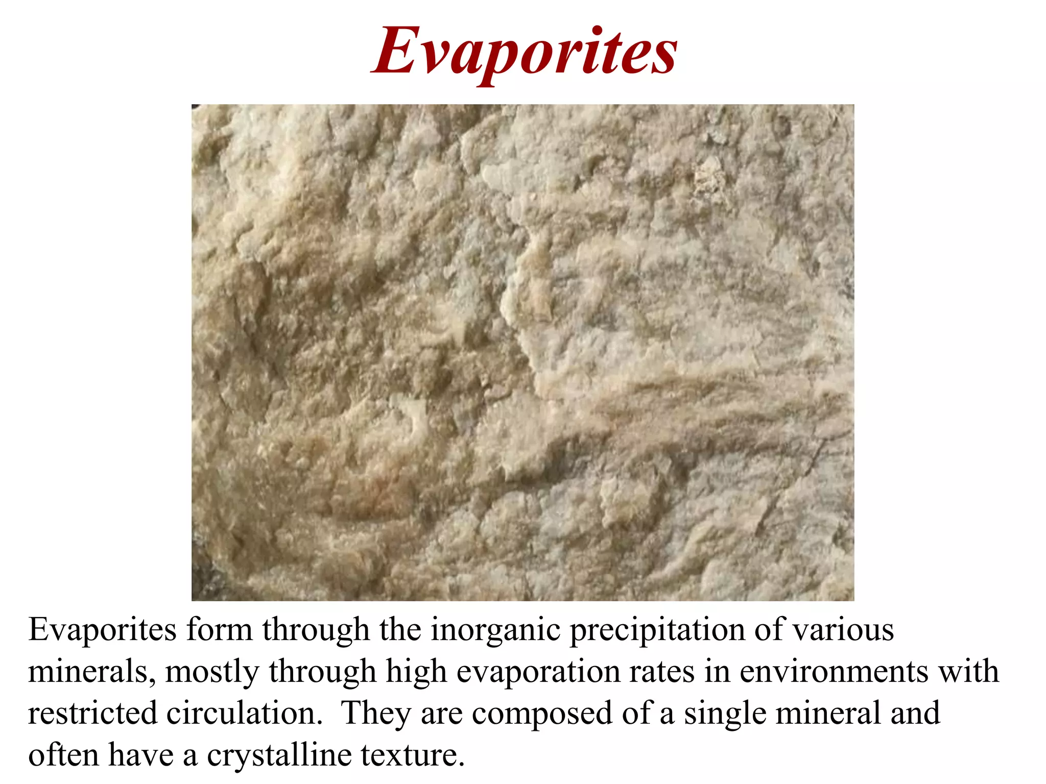 Evaporites
Evaporites form through the inorganic precipitation of various
minerals, mostly through high evaporation rates in environments with
restricted circulation. They are composed of a single mineral and
often have a crystalline texture.
 