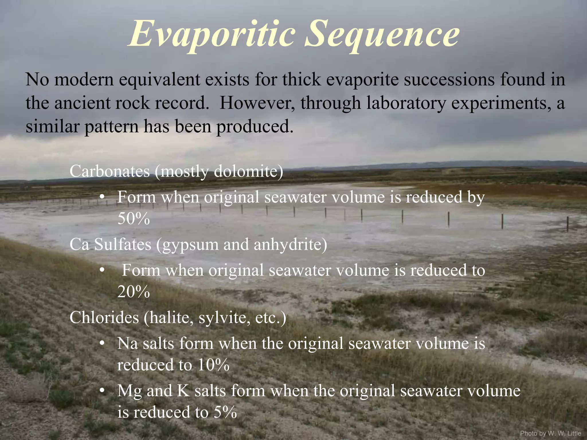 Photo by W. W. Little
Evaporitic Sequence
Carbonates (mostly dolomite)
• Form when original seawater volume is reduced by
50%
Ca Sulfates (gypsum and anhydrite)
• Form when original seawater volume is reduced to
20%
Chlorides (halite, sylvite, etc.)
• Na salts form when the original seawater volume is
reduced to 10%
• Mg and K salts form when the original seawater volume
is reduced to 5%
No modern equivalent exists for thick evaporite successions found in
the ancient rock record. However, through laboratory experiments, a
similar pattern has been produced.
 