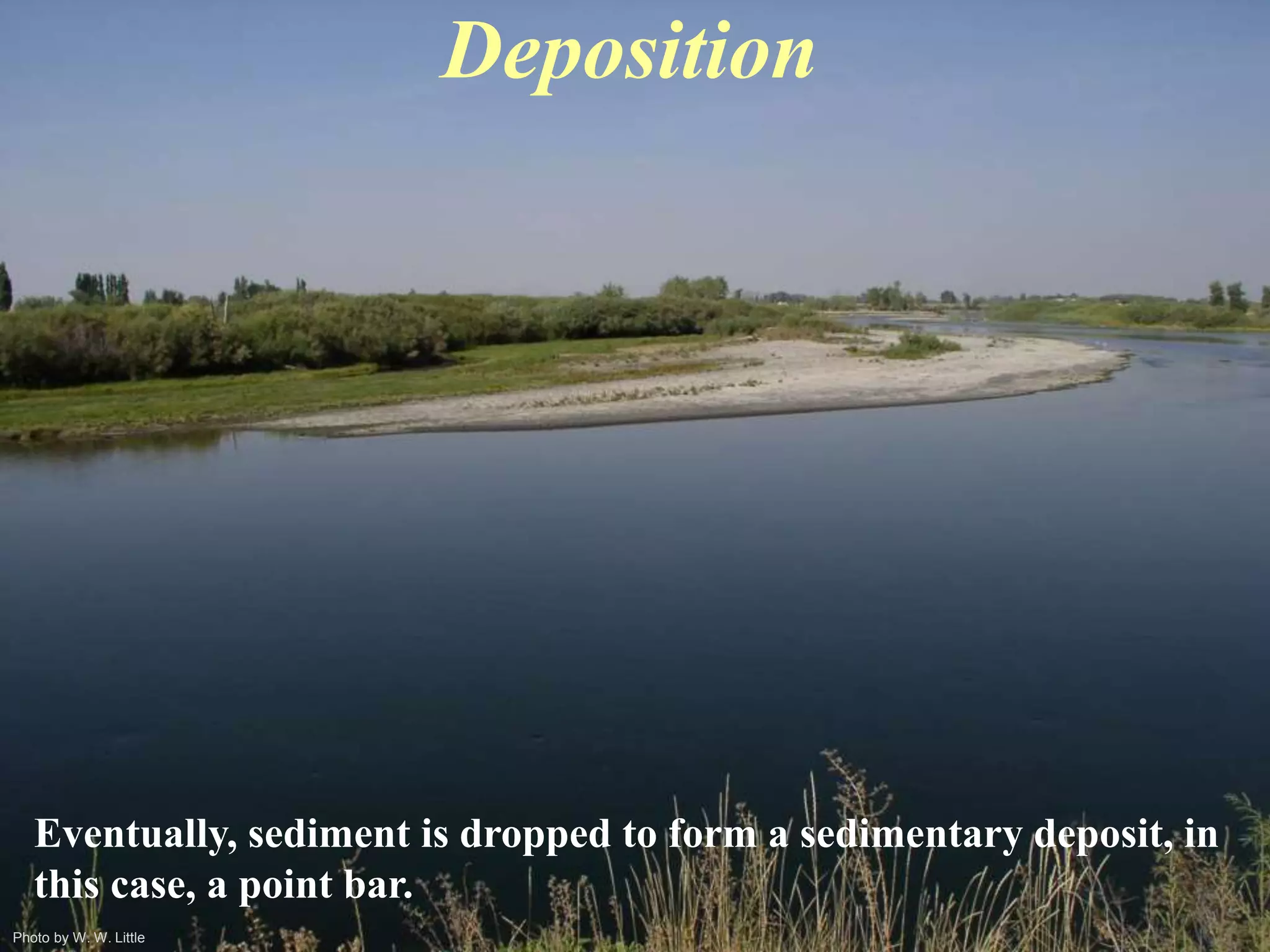 Photo by W. W. Little
Deposition
Eventually, sediment is dropped to form a sedimentary deposit, in
this case, a point bar.
 