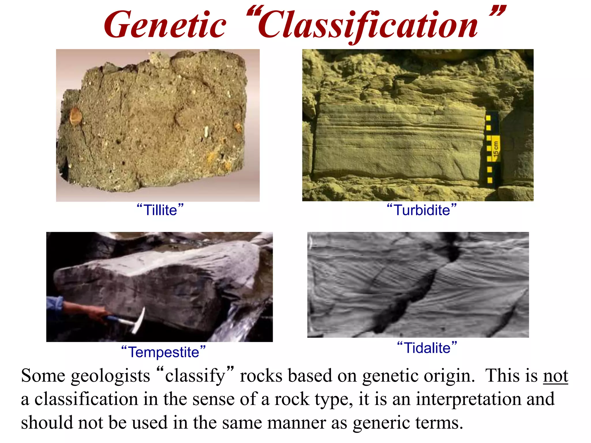 Genetic “Classification”
Some geologists “classify” rocks based on genetic origin. This is not
a classification in the sense of a rock type, it is an interpretation and
should not be used in the same manner as generic terms.
“Tillite” “Turbidite”
“Tempestite” “Tidalite”
 