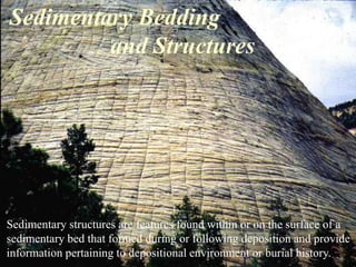 Sedimentary Bedding
and Structures
Sedimentary structures are features found within or on the surface of a
sedimentary bed that formed during or following deposition and provide
information pertaining to depositional environment or burial history.
 