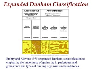 Embry and Klovan (1971) expanded Dunham’s classification to
emphasize the importance of grain size in packstones and
grainstones and types of binding organisms in boundstones.
Expanded Dunham Classification
 