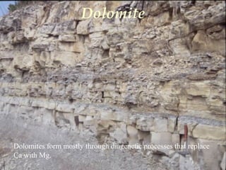 Dolomites form mostly through diagenetic processes that replace
Ca with Mg.
Dolomite
 