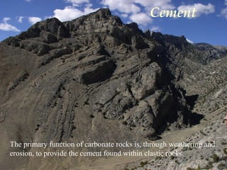 Photo by W. W. Little
The primary function of carbonate rocks is, through weathering and
erosion, to provide the cement found within clastic rocks.
Cement
 