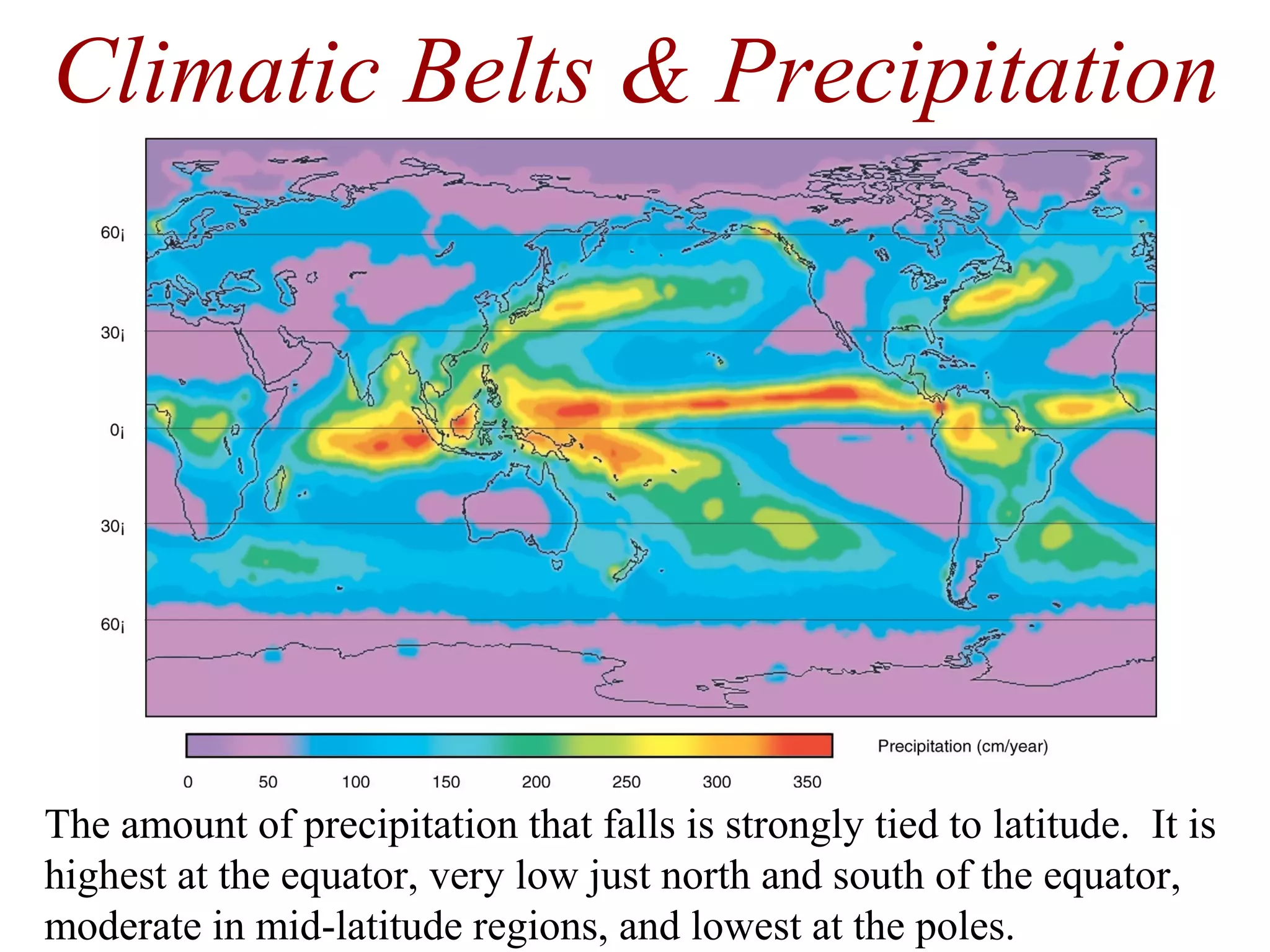 Climatic Belts & Precipitation
The amount of precipitation that falls is strongly tied to latitude. It is
highest at the equator, very low just north and south of the equator,
moderate in mid-latitude regions, and lowest at the poles.
 