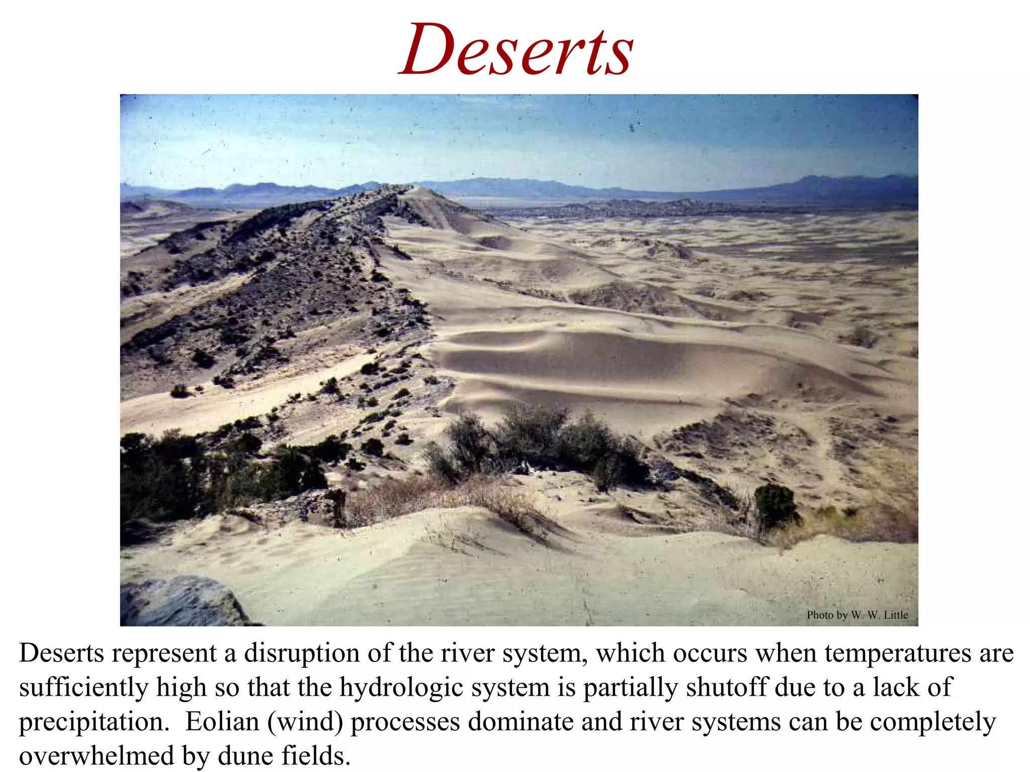 Deserts
Deserts represent a disruption of the river system, which occurs when temperatures are
sufficiently high so that the hydrologic system is partially shutoff due to a lack of
precipitation. Eolian (wind) processes dominate and river systems can be completely
overwhelmed by dune fields.
Photo by W. W. Little
 