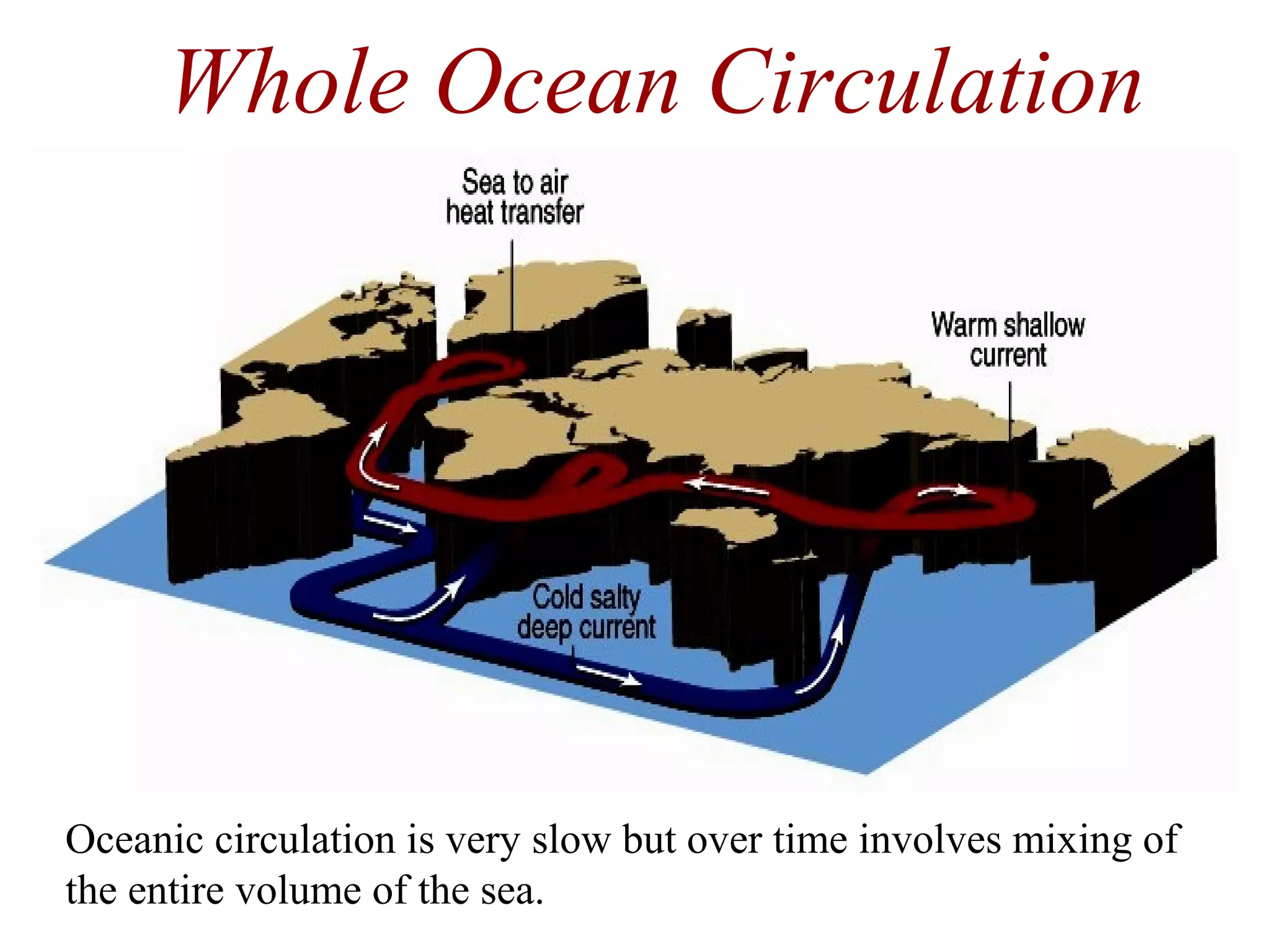 Oceanic circulation is very slow but over time involves mixing of
the entire volume of the sea.
Whole Ocean Circulation
 