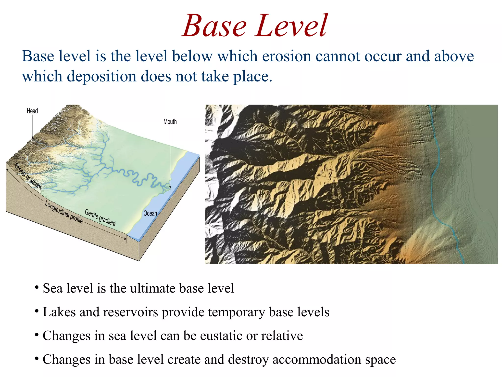 • Sea level is the ultimate base level
• Lakes and reservoirs provide temporary base levels
• Changes in sea level can be eustatic or relative
• Changes in base level create and destroy accommodation space
Base Level
Base level is the level below which erosion cannot occur and above
which deposition does not take place.
 