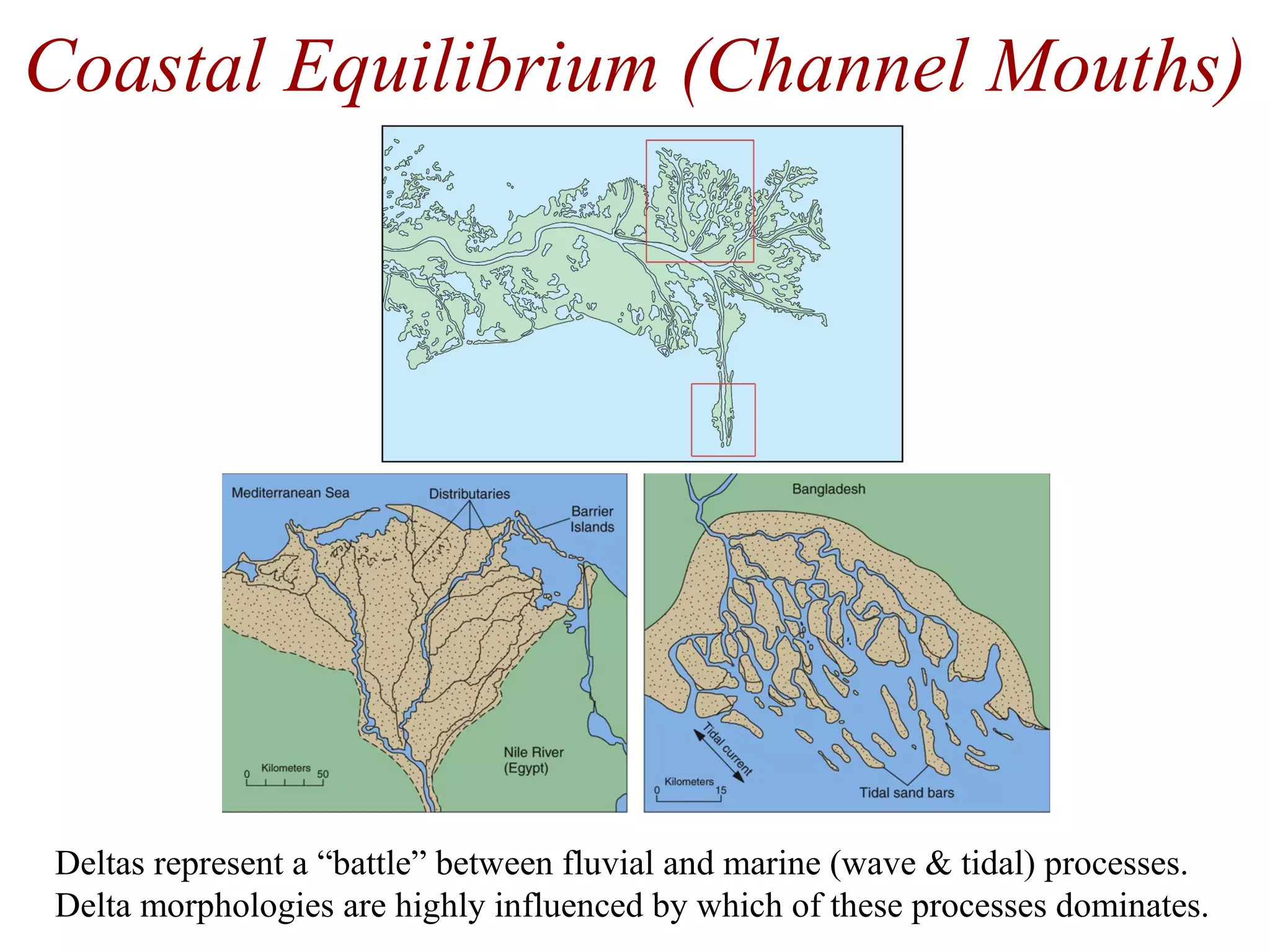 Coastal Equilibrium (Channel Mouths)
Deltas represent a “battle” between fluvial and marine (wave & tidal) processes.
Delta morphologies are highly influenced by which of these processes dominates.
 