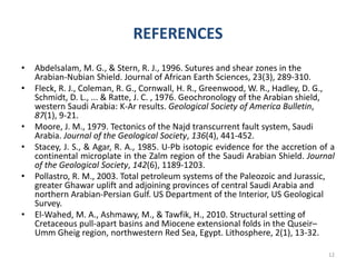REFERENCES
• Abdelsalam, M. G., & Stern, R. J., 1996. Sutures and shear zones in the
Arabian-Nubian Shield. Journal of African Earth Sciences, 23(3), 289-310.
• Fleck, R. J., Coleman, R. G., Cornwall, H. R., Greenwood, W. R., Hadley, D. G.,
Schmidt, D. L., ... & Ratte, J. C. , 1976. Geochronology of the Arabian shield,
western Saudi Arabia: K-Ar results. Geological Society of America Bulletin,
87(1), 9-21.
• Moore, J. M., 1979. Tectonics of the Najd transcurrent fault system, Saudi
Arabia. Journal of the Geological Society, 136(4), 441-452.
• Stacey, J. S., & Agar, R. A., 1985. U-Pb isotopic evidence for the accretion of a
continental microplate in the Zalm region of the Saudi Arabian Shield. Journal
of the Geological Society, 142(6), 1189-1203.
• Pollastro, R. M., 2003. Total petroleum systems of the Paleozoic and Jurassic,
greater Ghawar uplift and adjoining provinces of central Saudi Arabia and
northern Arabian-Persian Gulf. US Department of the Interior, US Geological
Survey.
• El-Wahed, M. A., Ashmawy, M., & Tawfik, H., 2010. Structural setting of
Cretaceous pull-apart basins and Miocene extensional folds in the Quseir–
Umm Gheig region, northwestern Red Sea, Egypt. Lithosphere, 2(1), 13-32.
12
 
