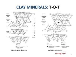 CLAY MINERALS: T-O-T
6
structure of chlorite
Murray, 2007
structure of illite
 