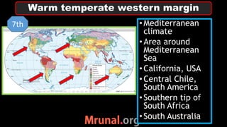 •Mediterranean
climate
•Area around
Mediterranean
Sea
•California, USA
•Central Chile,
South America
•Southern tip of
South Africa
•South Australia
Warm temperate western margin
7th
 