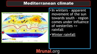 •In winters – apparent
movement of the sun
towards south – region
comes under influence
of westerlies =>
rainfall
•Winter rainfall
Mediterranean climate
 