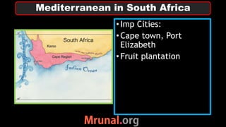 •Imp Cities:
•Cape town, Port
Elizabeth
•Fruit plantation
Mediterranean in South Africa
 