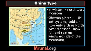 •In winter -> north-west
monsoon
•Siberian plateau – HP
anticyclone, cold air
flow outwards as North
West monsoon- snow
fall and rain on
windward side of the
mountains
China type
Yellow
sea
 