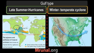 Late Summer-Hurricanes Winter- temperate cyclone
Gulf type
 