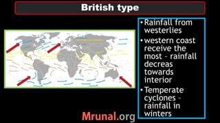 •Rainfall from
westerlies
•western coast
receive the
most – rainfall
decreas
towards
interior
•Temperate
cyclones –
rainfall in
winters
British type
 