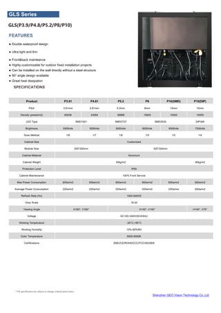 Shenzhen GEO Vision Technology Co.,Ltd
*All specification are subject to change without prior notice.
SPECIFICATIONS
FEATURES
● Double waterproof design
● Ultra light and thin
● Front&back mainteance
● Highly customizable for outdoor fixed installation projects
● Can be installed on the wall directly without a steel structure
● 90° angle design available
● Great heat dissipation
Product P3.91 P4.81 P5.2 P8 P10(SMD) P10(DIP)
Pitch 3.91mm 4.81mm 5.2mm 8mm 10mm 10mm
Density (pixels/m2) 65536 43264 36868 15625 10000 10000
LED Type SMD1921 SMD2727 SMD3535 DIP346
Brightness 5500nits 5500nits 6000nits 6000nits 6500nits 7500nits
Scan Method 1/8 1/7 1/6 1/5 1/2 1/4
Cabinet Size Customized
Module Size 250*250mm 320*320mm
Cabinet Material Aluminum
Cabinet Weight 30kg/m2 40kg/m2
Protection Level IP65
Cabinet Maintenance 100% Front Service
Max Power Consumption 650w/m2 650w/m2 650w/m2 650w/m2 650w/m2 550w/m2
Average Power Consumption 220w/m2 220w/m2 220w/m2 220w/m2 220w/ms 200w/m2
Refresh Rate (Hz) 1920-840HZ
Grey Scale 16 bit
Viewing Angle H160°, V160° H140°, V140° H140°, V70°
Voltage AC100~240V(50-63Hz)
Working Temperature -30°C-+65°C
Working Humidity 10%-90%RH
Color Temperature 6500-9500K
Certifications EMC/CE/ROHS/CCC/FCC/ISO/BIS
GLS Series
GLS(P3.9/P4.8/P5.2/P8/P10)
 