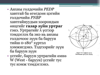 • Анхны голдочийн РЕDР
хавтгай ба өгөгдсөн цэгийн
голдочийн РNВР
хавтгайнуудын хоорондын
өнцгийг газар зүйн уртраг
гэнэ. Уртрагийг λ үсгээр
тэмдэглэх ба энэ нь анхны
голдочоос зүүн ба баруун
тийш 0-180° хүртэл
хэмжигдэнэ. Тэдгээрийг зүүн
ба баруун зүүн
• үсгийг, баруун уртрагийн өмнө
W (West - баруун) үсгийг тус
тус нэмж тэмдэглэнэ.
 