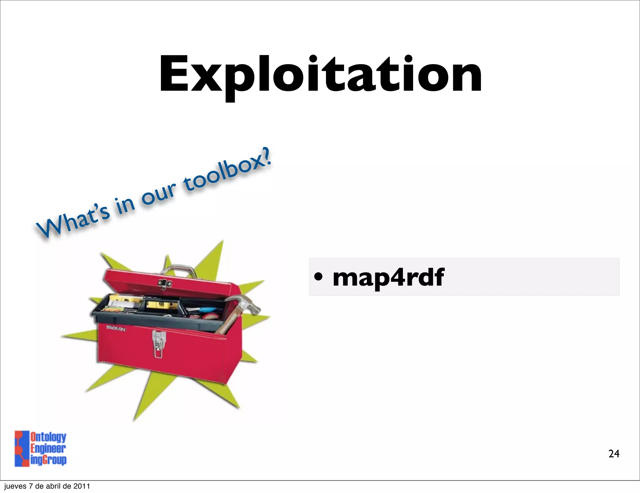 Exploitation
                                      olb ox?
                               ou r to
             at’s           in
          Wh

                                                • map4rdf




                                                            24

jueves 7 de abril de 2011
 