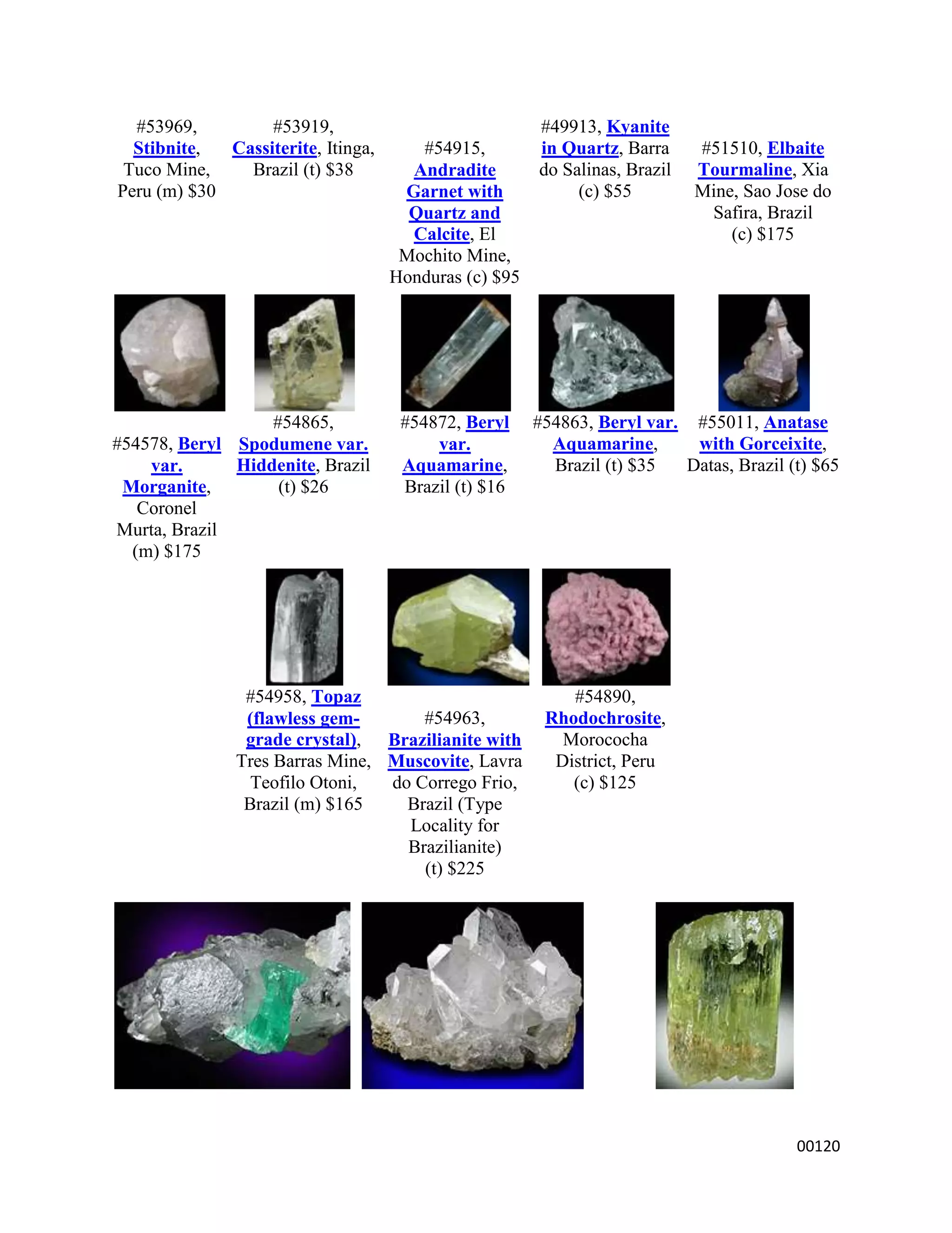 #53969,         #53919,                              #49913, Kyanite
  Stibnite,  Cassiterite, Itinga,      #54915,         in Quartz, Barra     #51510, Elbaite
 Tuco Mine,    Brazil (t) $38         Andradite        do Salinas, Brazil   Tourmaline, Xia
Peru (m) $30                         Garnet with            (c) $55         Mine, Sao Jose do
                                      Quartz and                             Safira, Brazil
                                      Calcite, El                               (c) $175
                                     Mochito Mine,
                                    Honduras (c) $95




                  #54865,            #54872, Beryl     #54863, Beryl var. #55011, Anatase
#54578, Beryl Spodumene var.             var.            Aquamarine,      with Gorceixite,
    var.      Hiddenite, Brazil      Aquamarine,         Brazil (t) $35  Datas, Brazil (t) $65
 Morganite,        (t) $26           Brazil (t) $16
   Coronel
Murta, Brazil
  (m) $175




                #54958, Topaz                              #54890,
                (flawless gem-       #54963,            Rhodochrosite,
                grade crystal), Brazilianite with         Morococha
               Tres Barras Mine, Muscovite, Lavra        District, Peru
                 Teofilo Otoni,  do Corrego Frio,          (c) $125
                Brazil (m) $165    Brazil (Type
                                   Locality for
                                   Brazilianite)
                                     (t) $225




                                                                                        00120
 