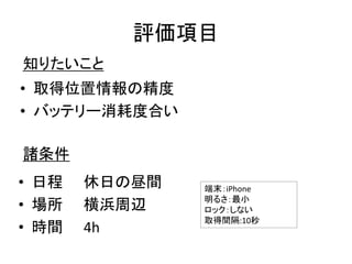評価項目
• 日程 休日の昼間
• 場所 横浜周辺
• 時間 4h
端末：iPhone
明るさ：最小
ロック：しない
取得間隔:10秒
• 取得位置情報の精度
• バッテリー消耗度合い
知りたいこと
諸条件
 