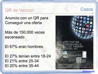 QR de Verizon               Casos
Anuncio con un QR para
Conseguir una oferta

Más de 150.000 veces
escaneado

El 67% eran hombres

El 27% tenían entre 18-24
El 21% entre 25-34
El 20% entre 35-44
                            @doloresvela
 