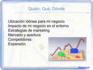 Quién, Qué, Dónde

Ubicación idónea para mi negocio
Impacto de mi negocio en el entorno
Estrategias de marketing
Mercado y apertura
Competidores
Expansión




                                       @doloresvela
 