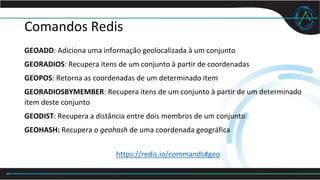 Comandos Redis
GEOADD: Adiciona uma informação geolocalizada à um conjunto
GEORADIOS: Recupera itens de um conjunto à partir de coordenadas
GEOPOS: Retorna as coordenadas de um determinado item
GEORADIOSBYMEMBER: Recupera itens de um conjunto à partir de um determinado
item deste conjunto
GEODIST: Recupera a distância entre dois membros de um conjunto
GEOHASH: Recupera o geohash de uma coordenada geográfica
https://redis.io/commands#geo
 