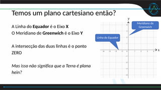 Temos um plano cartesiano então?
A Linha do Equador é o Eixo X
O Meridiano de Greenwich é o Eixo Y
A intersecção das duas linhas é o ponto
ZERO
Mas isso não significa que a Terra é plana
hein?
Linha do Equador
Meridiano de
Greenwich
 
