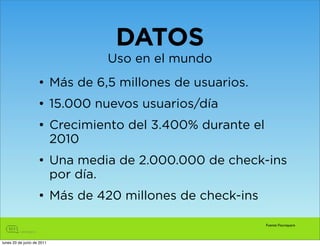 DATOS
                               Uso en el mundo
                    • Más de 6,5 millones de usuarios.
                    • 15.000 nuevos usuarios/día
                    • Crecimiento del 3.400% durante el
                      2010
                    • Una media de 2.000.000 de check-ins
                      por día.
                    • Más de 420 millones de check-ins

                                                          Fuente: Foursquare



lunes 20 de junio de 2011
 