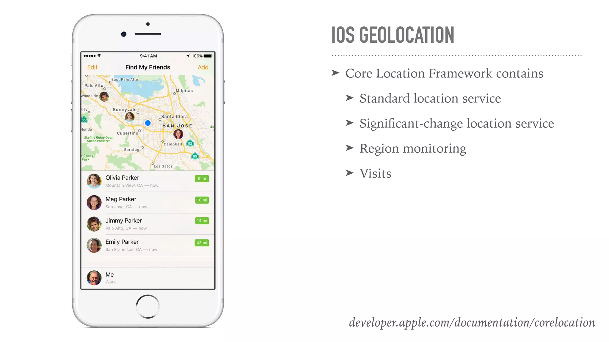 IOS GEOLOCATION
➤ Core Location Framework contains
➤ Standard location service
➤ Signiﬁcant-change location service
➤ Region monitoring
➤ Visits
developer.apple.com/documentation/corelocation
 