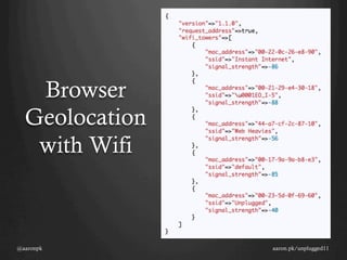 Browser
  Geolocation
   with Wifi



@aaronpk        aaron.pk/unplugged11
 