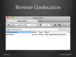 Browser Geolocation




@aaronpk                     aaron.pk/unplugged11
 