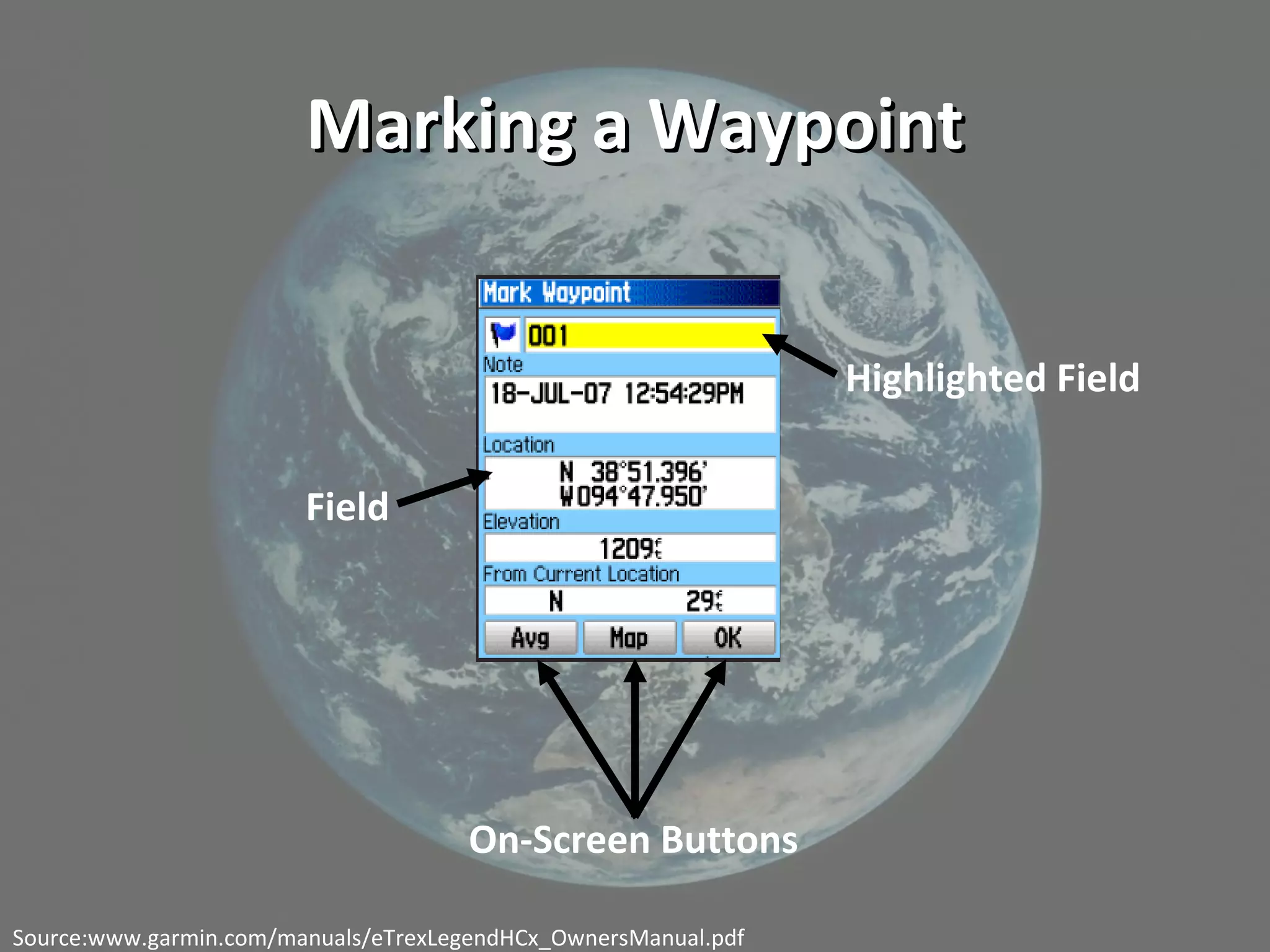 Marking a WaypointMarking a Waypoint
Highlighted Field
On-Screen Buttons
Field
Source:www.garmin.com/manuals/eTrexLegendHCx_OwnersManual.pdf
 