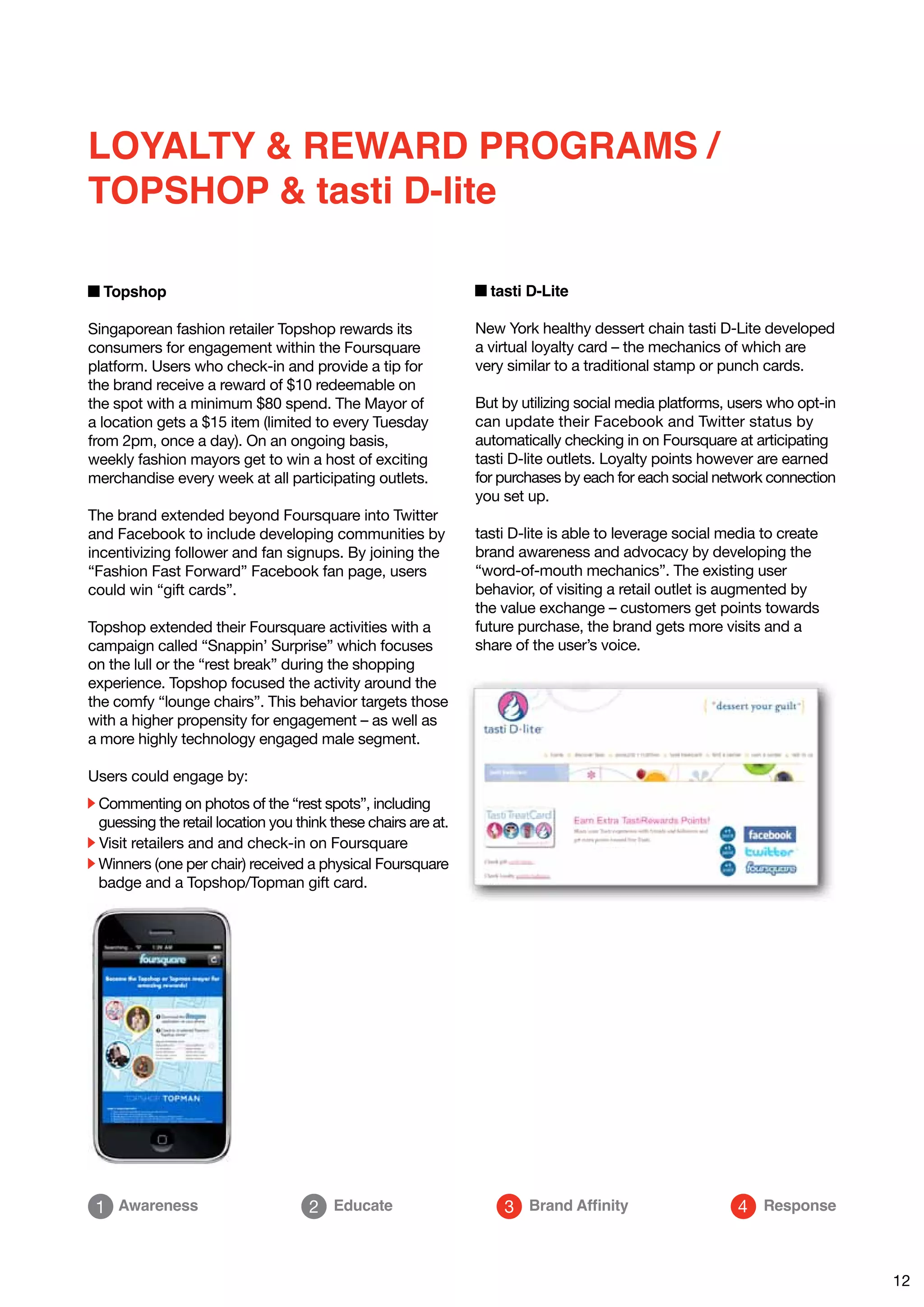 LOYALTY & REWARD PROGRAMS /
TOPSHOP & tasti D-lite

  Topshop                                                        tasti D-Lite

Singaporean fashion retailer Topshop rewards its               New York healthy dessert chain tasti D-Lite developed
consumers for engagement within the Foursquare                 a virtual loyalty card – the mechanics of which are
platform. Users who check-in and provide a tip for             very similar to a traditional stamp or punch cards.
the brand receive a reward of $10 redeemable on
the spot with a minimum $80 spend. The Mayor of                But by utilizing social media platforms, users who opt-in
a location gets a $15 item (limited to every Tuesday           can update their Facebook and Twitter status by
from 2pm, once a day). On an ongoing basis,                    automatically checking in on Foursquare at articipating
weekly fashion mayors get to win a host of exciting            tasti D-lite outlets. Loyalty points however are earned
merchandise every week at all participating outlets.           for purchases by each for each social network connection
                                                               you set up.
The brand extended beyond Foursquare into Twitter
and Facebook to include developing communities by              tasti D-lite is able to leverage social media to create
incentivizing follower and fan signups. By joining the         brand awareness and advocacy by developing the
“Fashion Fast Forward” Facebook fan page, users                “word-of-mouth mechanics”. The existing user
could win “gift cards”.                                        behavior, of visiting a retail outlet is augmented by
                                                               the value exchange – customers get points towards
Topshop extended their Foursquare activities with a            future purchase, the brand gets more visits and a
campaign called “Snappin’ Surprise” which focuses              share of the user’s voice.
on the lull or the “rest break” during the shopping
experience. Topshop focused the activity around the
the comfy “lounge chairs”. This behavior targets those
with a higher propensity for engagement – as well as
a more highly technology engaged male segment.

Users could engage by:
 Commenting on photos of the “rest spots”, including
 guessing the retail location you think these chairs are at.
 Visit retailers and and check-in on Foursquare
 Winners (one per chair) received a physical Foursquare
 badge and a Topshop/Topman gift card.




 1 Awareness                        2 Educate                      3 Brand Affinity                     4 Response



                                                                                                                           12
 