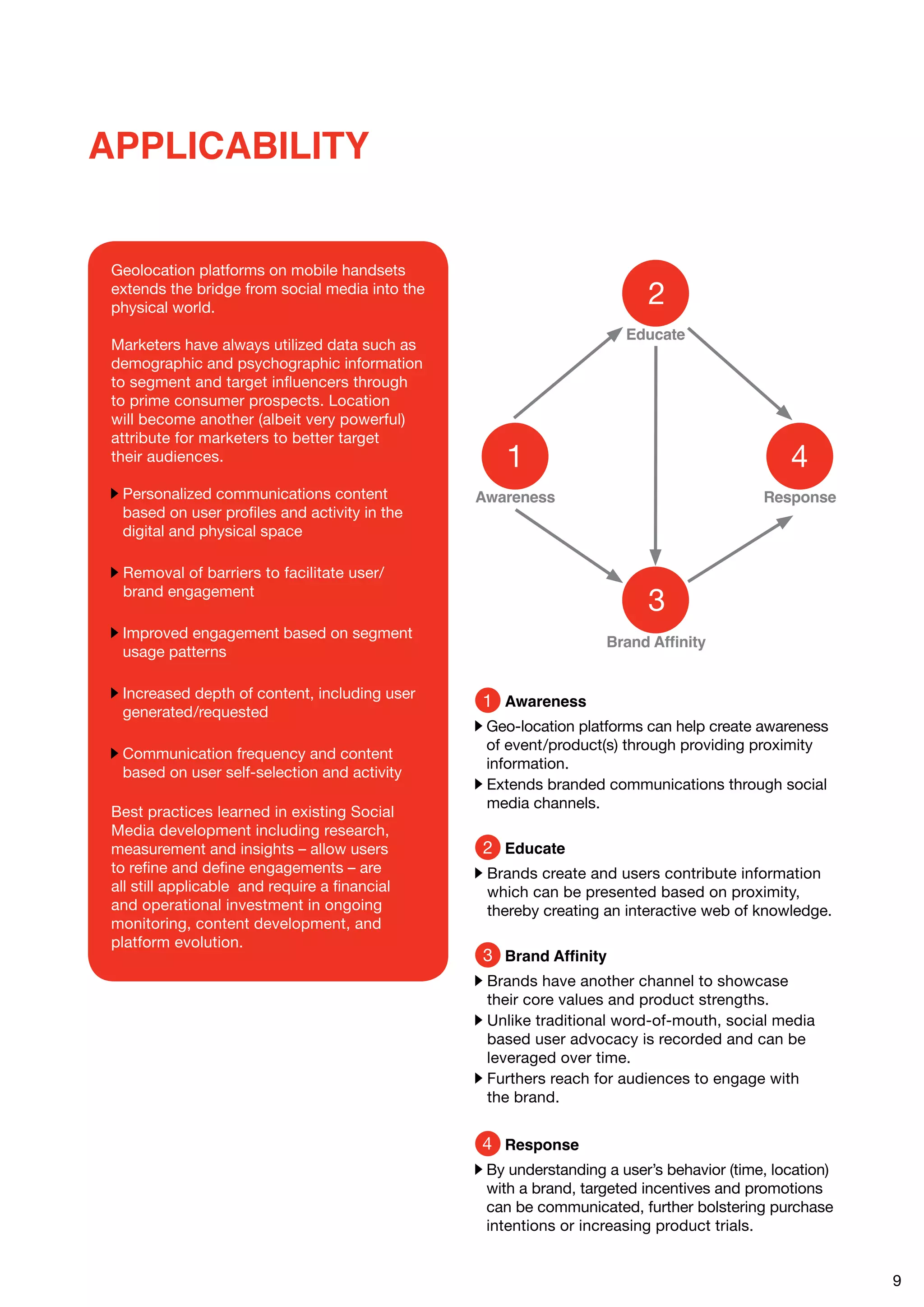 APPLICABILITY


 Geolocation platforms on mobile handsets
 extends the bridge from social media into the
 physical world.
                                                                         2
                                                                      Educate
 Marketers have always utilized data such as
 demographic and psychographic information
 to segment and target influencers through
 to prime consumer prospects. Location
 will become another (albeit very powerful)
 attribute for marketers to better target
 their audiences.                                   1                                         4
  Personalized communications content            Awareness                                Response
  based on user profiles and activity in the
  digital and physical space

  Removal of barriers to facilitate user/
  brand engagement
                                                                         3
  Improved engagement based on segment
                                                                   Brand Affinity
  usage patterns

  Increased depth of content, including user
                                                 1 Awareness
  generated/requested
                                                  Geo-location platforms can help create awareness
                                                  of event/product(s) through providing proximity
  Communication frequency and content
                                                  information.
  based on user self-selection and activity
                                                  Extends branded communications through social
                                                  media channels.
 Best practices learned in existing Social
 Media development including research,
 measurement and insights – allow users          2 Educate
 to refine and define engagements – are           Brands create and users contribute information
 all still applicable and require a financial     which can be presented based on proximity,
 and operational investment in ongoing            thereby creating an interactive web of knowledge.
 monitoring, content development, and
 platform evolution.
                                                 3 Brand Affinity
                                                  Brands have another channel to showcase
                                                  their core values and product strengths.
                                                  Unlike traditional word-of-mouth, social media
                                                  based user advocacy is recorded and can be
                                                  leveraged over time.
                                                  Furthers reach for audiences to engage with
                                                  the brand.


                                                 4 Response
                                                  By understanding a user’s behavior (time, location)
                                                  with a brand, targeted incentives and promotions
                                                  can be communicated, further bolstering purchase
                                                  intentions or increasing product trials.


                                                                                                        9
 