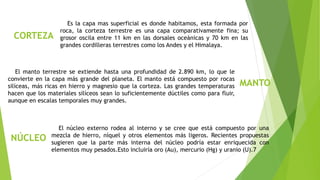 NÚCLEO
Es la capa mas superficial es donde habitamos, esta formada por
roca, la corteza terrestre es una capa comparativamente fina; su
grosor oscila entre 11 km en las dorsales oceánicas y 70 km en las
grandes cordilleras terrestres como los Andes y el Himalaya.
MANTO
El manto terrestre se extiende hasta una profundidad de 2.890 km, lo que le
convierte en la capa más grande del planeta. El manto está compuesto por rocas
silíceas, más ricas en hierro y magnesio que la corteza. Las grandes temperaturas
hacen que los materiales silíceos sean lo suficientemente dúctiles como para fluir,
aunque en escalas temporales muy grandes.
CORTEZA
El núcleo externo rodea al interno y se cree que está compuesto por una
mezcla de hierro, níquel y otros elementos más ligeros. Recientes propuestas
sugieren que la parte más interna del núcleo podría estar enriquecida con
elementos muy pesados.Esto incluiría oro (Au), mercurio (Hg) y uranio (U).7
 