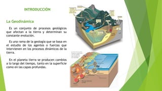 La Geodinámica
Es un conjunto de procesos geológicos
que afectan a la tierra y determinan su
constante evolución.
Es una rama de la geología que se basa en
el estudio de los agentes o fuerzas que
intervienen en los procesos dinámicos de la
tierra.
En el planeta tierra se producen cambios
a lo largo del tiempo, tanto en la superficie
como en las capas profundas.
INTRODUCCIÓN
 