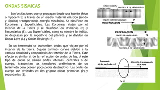 ONDAS SISMICAS
Son oscilaciones que se propagan desde una fuente (foco
o hipocentro) a través de un medio material elástico (sólido
y líquido) transportando energía mecánica. Se clasifican en
Corpóreas y Superficiales. Las Corpóreas viajan por el
interior de la Tierra y se clasifican en Primarias (P) y
Secundarias (S). Las Superficiales, como su nombre lo indica,
se desplazan por la superficie del planeta y se dividen en
Ondas Love (L) y Ondas Rayleigh (R).
En un terremoto se transmiten ondas que viajan por el
interior de la tierra. Siguen caminos curvos debido a la
variada densidad y composición del interior de la Tierra. Este
efecto es similar al de la refracción de ondas de luz. A este
tipo de ondas se llaman ondas internas, centrales o de
cuerpo, transmiten los temblores preliminares de un
terremoto pero poseen poco poder destructivo. Las ondas de
cuerpo son divididas en dos grupos: ondas primarias (P) y
secundarias (S).
 