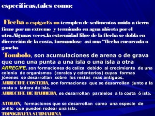 especificas,tales como:
 Flecha o espiga:Es un terraplen de sedimentos unido a tierra
firme porun extremo y terminado en agua abierta porel
otro.Algunas veces,la extremidad libre de la flecha se dobla en
direccción de la costa, formandose asi una “flecha encorvada o
gancho
 Tombolo, son acumulaciones de arena o de grava
que une una punta a una isla o una isla a otra
ARRECIFE,ARRECIFE, son formaciones de caliza debido al crecimiento de una
colonia de organismos (corales y celenterios) cuyas formas
jóvenes se desarrollan sobre los restos mas antiguos.
ARRECIFE COSTERA, son formaciones que se desarrollan junto a la
costa o ladera de isla.
ARRECIFE DE BARRERA, se desarrollan paralelos a la costa ó isla.
 
ATOLON,  formaciones que se desarrollan como una especie de
anillo que pueden rodear una isla.
TOPOGRAFIA SUBMARINA
 