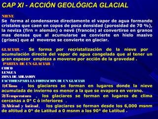CAP XI - ACCIÓN GEOLÓGICA GLACIALCAP XI - ACCIÓN GEOLÓGICA GLACIAL
 
NIEVE
Se forma al condensarse directamente el vapor de agua formando
cristales que caen en copos de poca densidad (porosidad de 70 %),
la neviza (firn = alemán) o nevé (francés) al convertirse en granos
mas densos que al acumularse se convierte en hielo masivo
(grises) que al moverse se convierte en glaciar.
GLACIAR.-  Se forma por recristalización de la nieve por
acumulación directa del vapor de agua congelada que al tener un
gran espesor empieza a moverse por acción de la gravedad .
PARTES DE UN GLACIAR :
CIRCO
LENGUA
ZONA DE ABLASION
FACTORESPARA LA FORMACION DE UN GLACIAR
1)Clima  ,  los glaciares se forman en lugares donde la nieve
acumulada de invierno es menor a la que se evapora en verano.
2)Temperatura  ,  los glaciares se forman en lugares de clima
cercanas a 0° C ó inferiores .
3)Altitud y latitud,  los glaciares se forman desde los 6,000 msnm
de altitud a 0° de Latitud a 0 msnm a los 90° de Latitud . 
 