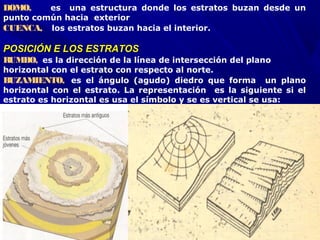 DOMO,      es una estructura donde los estratos buzan desde un
punto común hacia exterior
CUENCA,  los estratos buzan hacia el interior.
POSICIÓN E LOS ESTRATOSPOSICIÓN E LOS ESTRATOS
RUMBO, es la dirección de la línea de intersección del plano
horizontal con el estrato con respecto al norte.
BUZAMIENTO,  es el ángulo (agudo) diedro que forma un plano
horizontal con el estrato. La representación es la siguiente si el
estrato es horizontal es usa el símbolo y se es vertical se usa:
 
