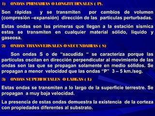 1)    ONDAS PRIMARIAS OLONGITUDINALES ( P).1)    ONDAS PRIMARIAS OLONGITUDINALES ( P).
Son rápidas y se transmiten por cambios de volumenSon rápidas y se transmiten por cambios de volumen
(compresión –expansión) dirección de las partículas perturbadas.(compresión –expansión) dirección de las partículas perturbadas.
Estas ondas son las primeras que llegan a la estación sísmicaEstas ondas son las primeras que llegan a la estación sísmica
estas se transmiten en cualquier material sólido, liquido yestas se transmiten en cualquier material sólido, liquido y
gaseosa.gaseosa.
2)    ONDAS TRANSVERSALES OSECUNDARIAS ( S)2)    ONDAS TRANSVERSALES OSECUNDARIAS ( S)
Son ondas S o de “sacudida “ se caracteriza porque lasSon ondas S o de “sacudida “ se caracteriza porque las
partículas oscilan en dirección perpendicular al movimiento de laspartículas oscilan en dirección perpendicular al movimiento de las
ondas son las que se propagan solamente en medio sólidos. Seondas son las que se propagan solamente en medio sólidos. Se
propagan a menor velocidad que las ondas “P” 3 – 5 km./seg.propagan a menor velocidad que las ondas “P” 3 – 5 km./seg.
3)    ONDAS SUPERFICIALES O LARGAS ( L)3)    ONDAS SUPERFICIALES O LARGAS ( L)
Estas ondas se transmiten a lo largo de la superficie terrestre. SeEstas ondas se transmiten a lo largo de la superficie terrestre. Se
propagan a muy baja velocidad.propagan a muy baja velocidad.
La presencia de estas ondas demuestra la existencia de la cortezaLa presencia de estas ondas demuestra la existencia de la corteza
con propiedades diferentes al substrato.con propiedades diferentes al substrato.
 