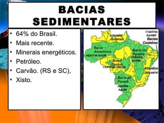 BACIAS SEDIMENTARES 64% do Brasil. Mais recente. Minerais energéticos. Petróleo. Carvão. (RS e SC),  Xisto. 