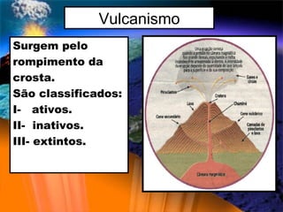 Vulcanismo Surgem pelo  rompimento da crosta. São classificados: I-  ativos. II-  inativos. III- extintos. 