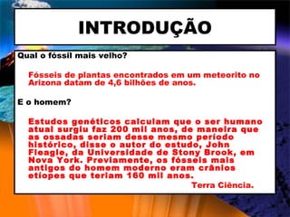 INTRODUÇÃO Qual o fóssil mais velho? Fósseis de plantas encontrados em um meteorito no Arizona datam de 4,6 bilhões de anos. E o homem? Estudos genéticos calculam que o ser humano atual surgiu faz 200 mil anos, de maneira que as ossadas seriam desse mesmo período histórico, disse o autor do estudo, John Fleagle, da Universidade de Stony Brook, em Nova York. Previamente, os fósseis mais antigos do homem moderno eram crânios etíopes que teriam 160 mil anos.   Terra Ciência. 