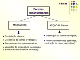 Factores desencadeantes ACÇÃO HUMANA ●   Destruição da cobertura vegetal; ●   Remoção de terrenos  (estradas, construção de casas, agricultura); ●   Precipitação elevada; ●   Ocorrência de sismos e vibrações; ●   Tempestades nas zonas costeiras; ●   Variações de temperatura (contracção e a dilatação dos materiais rochosos); Causas MECÂNICOS 