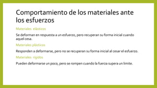 Comportamiento de los materiales ante
los esfuerzos
Materiales elásticos
Se deforman en respuesta a un esfuerzo, pero recuperan su forma inicial cuando
aquel cesa.
Materiales plásticos
Responden a deformarse, pero no se recuperan su forma inicial al cesar el esfuerzo.
Materiales rígidos
Pueden deformarse un poco, pero se rompen cuando la fuerza supera un limite.
 