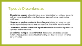 Tipos de Discordancias
• Discordancia angular:- discordancia en la que los estratos más antiguos buzan (se
inclinan) con un ángulo diferente al de los más jóvenes (implica movimientos
tectónicos)
• Discordancia paralela erosional o disconformidad: discordancia con estratos
paralelos por abajo y por encima de una superficie de erosión, la cual es visible.
• Discordancia paralela no erosional o paraconformidad: discordancia paralela sin
superficie de erosión visible.
• Discordancia litológica o inconformidad: discordancia entre rocas ígneas o
metamórficas que están expuestas a la erosión y que después quedan cubiertas
por sedimentos.
 